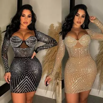 Европейская и американская мода однотонное сетчатое платье с ромбовидным узором и длинными рукавами с короткой юбкой Large чёрный