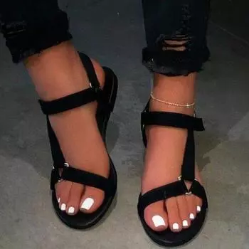 Европейская и американская мода популярные женские туфли больших размеров импортные сандалии с открытым носком и пряжкой на ремне на плоской подошве повседневные женские 35 чёрный