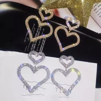 Европейская и американская мода преувеличенные бриллиантовые серьги-иглочки из серебра S925 Double Love, темпераментные дикие длинные серьги-сердечки в форме персика золотой