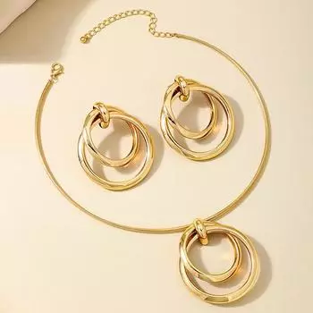 Европейская и американская мода, преувеличенные двухслойные геометрические круглые серьги и комплект ожерелья золотой