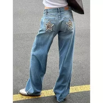 Европейская и американская мода ретро-стрит леопардовый принт звездные нашивки сращивание прямые джинсы женские свободные повседневные брюки джинсы S