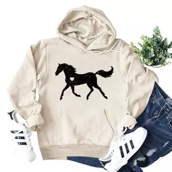 Европейская и американская мода с рисунком лошади и любви, женская толстовка с капюшоном и длинными рукавами, простая осень и зима XXL слоновая кость