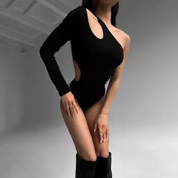 Европейская и американская мода сексуальный ажурный одно плечо рукав облегающий крой пикантная девушка открытая талия низ верх осенне-зимний комбинезон S чёрный