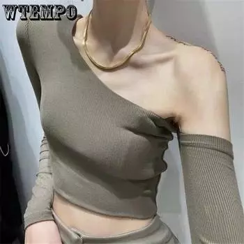 Европейская и американская мода, сексуальный, тщательный машинный дизайн, короткая футболка с диагональными плечами и длинными рукавами, женский топ нерегулярной формы, можно маркировать S белый