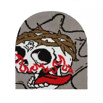 Европейская и американская мода универсальная осенне-зимняя теплая модная жаккардовая вязаная шапка с мультяшным узором