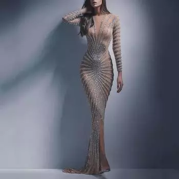 Европейская и американская мода весны 2025 года: Платье с разрезом и длинными рукавами в сетку с эффектом хрусталя и бриллиантами Medium серебряный
