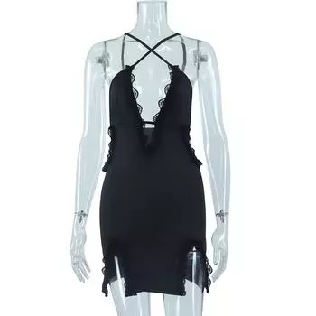 Европейская и американская мода женские подтяжки, ажурное кружево, разрез на бедрах платье L чёрный