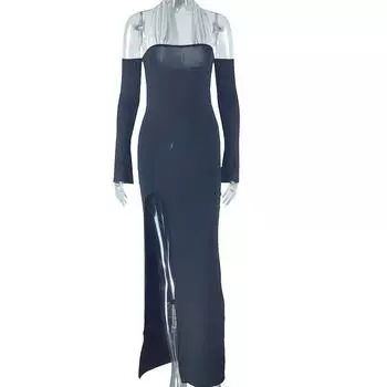 Европейская и американская мода женское однотонное платье сексуальное с открытыми плечами и длинными рукавами повседневная юбка с разрезом темперамент L чёрный