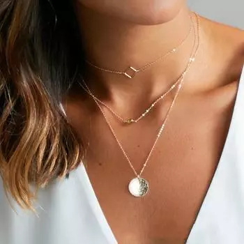 Европейская и американская модная бижутерия, квадратное многослойное ожерелье, металлическое вогнутое круглое ожерелье из кристалла, женское белый