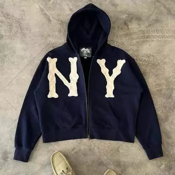 Европейская и американская модная брендовая куртка с вышитыми буквами, свободная толстовка с капюшоном для мужчин Y2k Harajuku Retro на молнии S синий