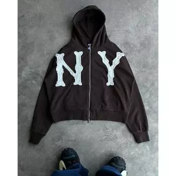Европейская и американская модная куртка с вышитыми буквами, свободная толстовка с капюшоном для мужчин Y2k Harajuku, персонализированная ретро-толстовка на молнии S коричневый