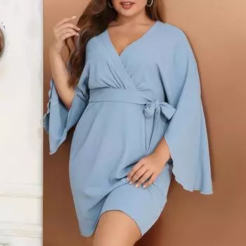 Европейская и американская модная темпераментная женская одежда большого размера, утягивающая короткая юбка с рукавами-фонариками XL синий