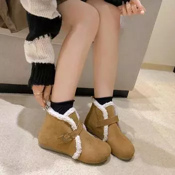 Европейская и американская модная верхняя одежда большого размера из хлопка сапоги для женщин на осень и зиму 2024 года, популярные теплые ботинки с круглой головкой, бархатные теплые ботинки 35 чёрный