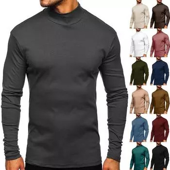 Европейская и американская мужская осенне-зимняя утолщенная теплая футболка с длинными рукавами, мужская базовая рубашка из хлопка с воротником-стойкой средней высоты S чёрный
