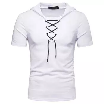 Европейская и американская мужская свободная футболка с капюшоном и завязками в стиле хип-хоп, повседневная футболка с короткими рукавами XS белый