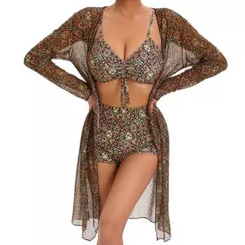 Европейская и американская новая цифровая печать блузка с длинными рукавами раздельные боксеры со сборками на шнурке купальник-тройка для отпуска S темно-коричневого