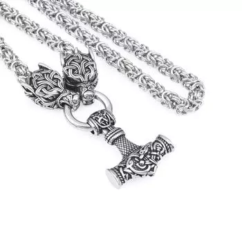 Европейская и американская новая нержавеющая сталь Голова волка викинга Молот Тора кулон ожерелье мужское ожерелье из нержавеющей стали 40CM