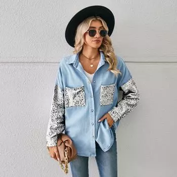 Европейская и американская новая свободная джинсовая рубашка с леопардовым принтом в стиле пэчворк с длинными рукавами и кардиганом S белый