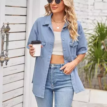 Европейская и американская новая утягивающая джинсовая рубашка с короткими рукавами и пуговицами для женщин S светло-синий