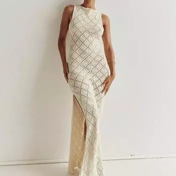Европейская и американская новая женская одежда, сексуальное прозрачное вязанное крючком полое вязаное платье, длинное платье для женщин S