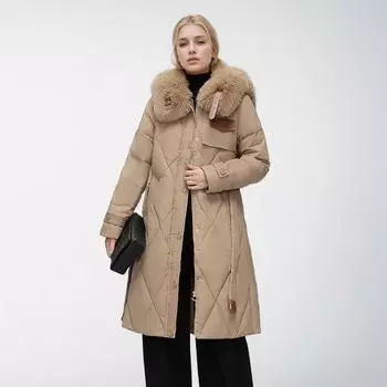 Европейская и американская одежда из хлопка-пуховика, женская, средняя и длинная, с большим меховым воротником, приталенная, зимняя куртка M хаки