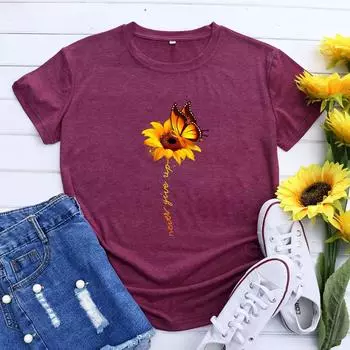 Европейская и американская одежда подсолнух бабочка футболка с короткими рукавами женская нижняя рубашка S