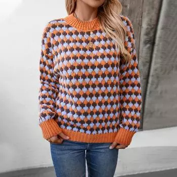 Европейская и американская одежда пуловер осенне-зимний свитер ретро свободный контрастный полосатый свитер с длинными рукавами топ S