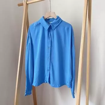 Европейская и американская одинарная оригинальная женская вискозная летняя рубашка, прохладные тонкие топы, шорты, цельная свободная большого размера Blue Long sleeves Tops XS(34 yards)