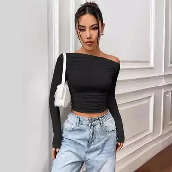 Европейская и американская однотонная футболка с косыми плечами и длинными рукавами, осенняя, острая, модная, для девушек, облегающая футболка S чёрный