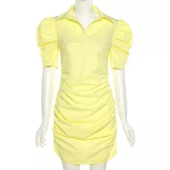 Европейская и американская однотонная облегающая юбка с пузырьковыми рукавами, сексуальная плиссированная юбка, обнимающая руки S жёлтый