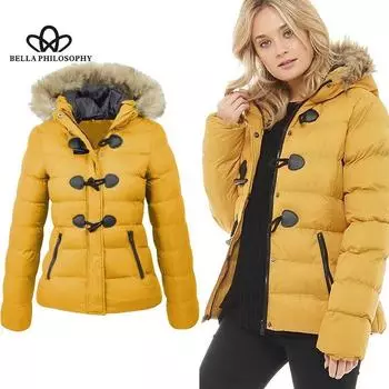Европейская и американская осенне-зимняя куртка на хлопковой подкладке, женское короткое теплое пальто с капюшоном и роговой пряжкой, декоративное женское пальто на хлопковой подкладке S жёлтый
