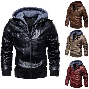 Европейская и американская осенне-зимняя мужская однотонная кожаная куртка Мужская повседневная кожаная куртка с капюшоном из искусственной кожи 5XL чёрный