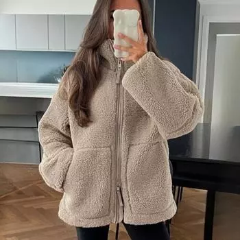 Европейская и американская осенне-зимняя новая женская одежда однотонная шерстяная повседневная куртка с высоким воротом на молнии S темно-коричневого