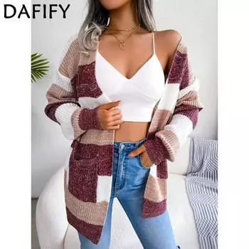 Европейская и американская осенне-зимняя повседневная куртка-кардиган с полосатыми фонариками и длинными рукавами S