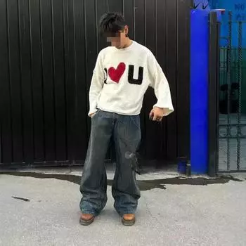 Европейская и американская осенняя пара ретро любовь любовь жаккард повседневный расслабленный ленивый стиль вязаный свитер M белый