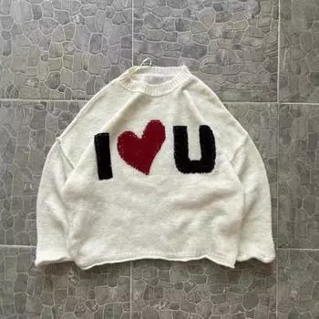Европейская и американская осенняя пара ретро любовь любовь жаккард повседневный расслабленный ленивый стиль вязаный свитер M белый