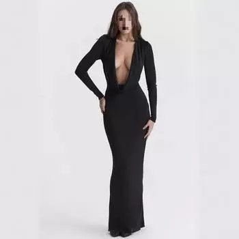 Европейская и американская пикантная женская сексуальная плиссированная длинная юбка с глубоким V-образным разрезом черное платье длинный стиль S чёрный