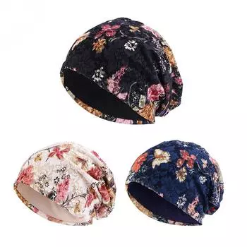Европейская и американская популярная двухслойная кружевная шапка-пуловер с принтом, женская теплая и дышащая шапка с цветочным принтом Jdu-23C average size темно-синий