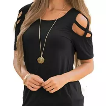 Европейская и американская повседневная футболка однотонная с перфорированным плечевым ремнем с короткими рукавами и открытыми плечами женская одежда S чёрный