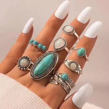Европейская и американская ретро-мода австралийское сокровище кольцо набор с бирюзовым браслетом из восьми частей One Size