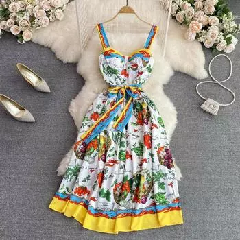 Европейская и американская ретро-темпераментная юбка-топ на подтяжках, модное тонкое платье трапециевидной формы без рукавов с высокой талией и принтом