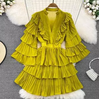 Европейская и американская ретро-темпераментная юбка-тортик с v-образным вырезом, многоуровневое платье с баской и роговыми рукавами на талии, утягивающее платье One Size чёрный