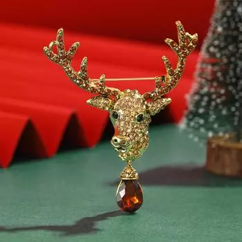 Европейская и американская рождественская ретро-брошь в виде оленя с бриллиантами, сплав, животное, высококачественный аксессуар, нагрудный цветок золотой