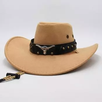 Европейская и американская шляпа с бычьей головой, поясная шляпа в этническом стиле, ковбойская шляпа в стиле вестерн, мужская и женская ретро-шляпа для верховой езды M Adult average size (56-58cm)