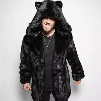Европейская и американская шуба из искусственного меха, мужская зимняя повседневная теплая шуба, мужское длинное пальто L чёрный
