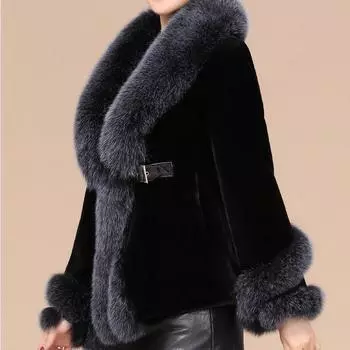 Европейская и американская шуба женская зимняя среднего возраста мать искусственный мех лисы интегрированная шуба короткая утолщенная M [85-50kg] чёрный