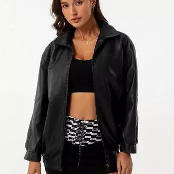 Европейская и американская свободная кожаная куртка женская куртка с длинными рукавами и лацканами весенне-осенняя куртка XXL чёрный