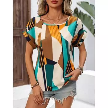 Европейская и американская трансграничная женская модная и элегантная рубашка с геометрическим узором и рукавами «летучая мышь» M