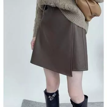 Европейская и американская юбка из искусственной кожи юбка А-образного кроя женская одежда осень и зима новая нерегулярная тонкая короткая юбка с завышенной талией и запахом на бедрах S чёрный
