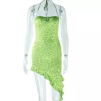 Европейская и американская юбка с одним вырезом, модная одежда, облегающее платье, облегающее грудь, юбка-комбинезон с неровными оборками по краю, юбка-пуловер L зелёный